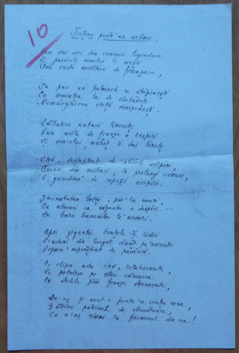 3 pagini manuscris Nichifor Crainic; Poezia: Tertine pentru un arbore + text
