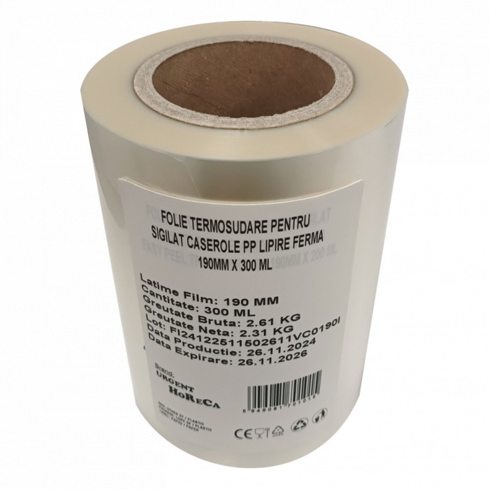 Folie termosudare pentru sigilat caserole PP, lipire ferma 190MM X 300 ML
