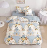 Lenjerie De Pat Castle Xc082, Bumbac, 4 Piese, Cu Elastic, Albastru, Bej, Imprimeu