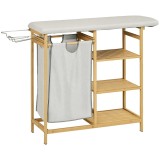 HOMCOM Coș de Rufe din Bambus cu Masă de Călcat și Suport de Călcat, Coș de Rufe cu Raft cu 3 Niveluri, 113x34x82 cm, Gri