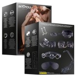 Set 7 accesorii bondage INTOYOU BDSM Line, cu cătușe, zgardă, căluș, bici și mască de ochi, cleme sf&acirc;rcuri, negru