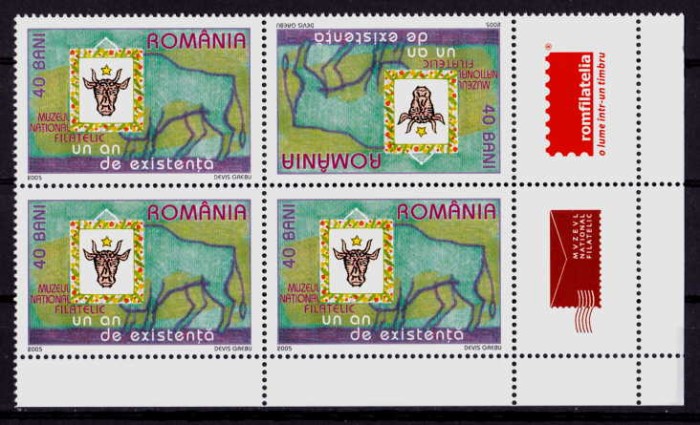 RO 2005 LP 1695 &quot;Muzeul Nat. Filatelic&quot; ,bloc 4 tete-beche pozitia 2+tabs , MNH