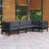 vidaXL Set mobilier grădină cu perne, 5 piese, negru, lemn de pin 3096386