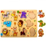 Puzzle Lemn, Animale Jungla, 11 Piese, Dimensiuni 30x22 cm, Multicolor, Oem
