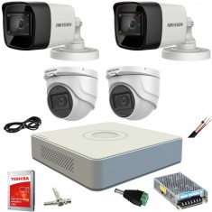 Sistem supraveghere mixt complet Hikvision 4 camere Turbo HD 5 MP 20 m IR si 80 ir DVR 4 canale cu toate accesoriile CADOU HDD 1TB SafetyGuard Surveil