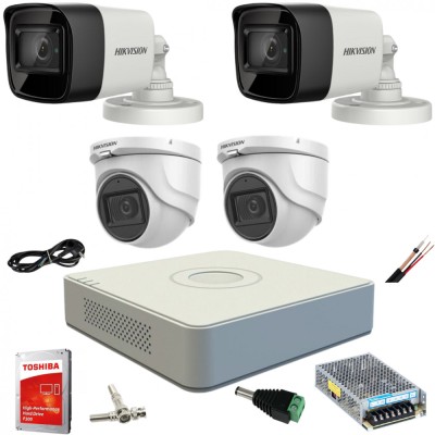 Sistem supraveghere mixt complet Hikvision 4 camere Turbo HD 5 MP 20 m IR si 80 ir DVR 4 canale cu toate accesoriile CADOU HDD 1TB SafetyGuard Surveil foto