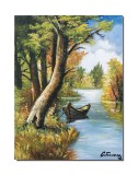 Tablou pictat manual, Peisaj din natura cu barca, calmitate, 40x30cm ulei pe panza