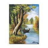 Tablou pictat manual, Peisaj din natura cu barca, calmitate, 40x30cm ulei pe panza
