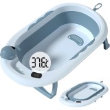 Cada de Baie, Cyrax, pentru Copii 0 luni - 6 Ani, cu Termometru, Pliabila, Perna Suport Inclusa, din Plastic, 81.5 x 49 x 21.5 cm, Albastru