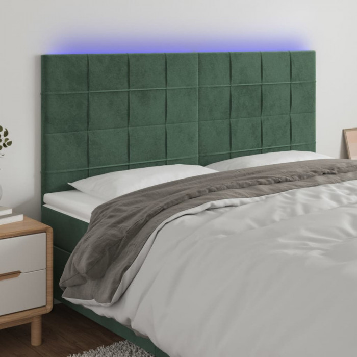 vidaXL Tăblie de pat cu LED, verde &icirc;nchis, 200x5x118/128 cm, catifea