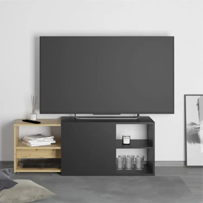 FMD Comodă TV 2 compartimente deschise negru&amp;stejar 133,5x39,9x49,2 cm 444232