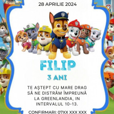 Set 10 invitatii aniversare aniversare baieti, cu plicuri, model Paw Patrol