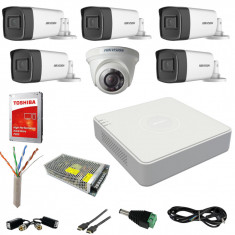 Sistem supraveghere Hikvision 6 camere Turbo HD 2MP, 5 camere exterior IR80m si 1 camera interior IR20m, HARD 1TB