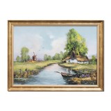 Tablou living peisaj din Delta Dunarii pictat manual inramat, 80x60cm ulei pe panza, Geo Ungureanu