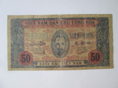 Rara! Vietnam 50 Dong 1947 bancnota uzata,vedeti imaginile foto