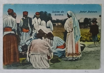 SALUTARI DIN ROMANIA , LOCALNICI IN PORT POPULAR DIN DOBROGEA , CARTE POSTALA , 1927 foto