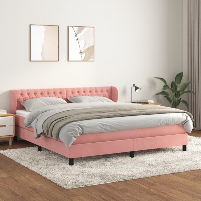 vidaXL Pat box spring cu saltea, roz, 160x200 cm, catifea 3127684