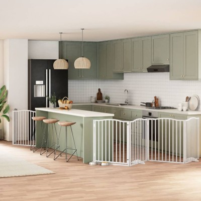 vidaXL Poartă c&amp;acirc;ini pliabilă cu ușă 8 panouri, alb, 640 cm, lemn plop 3155622 foto
