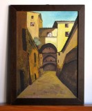Peisaj citadin - tablou original guasa pe carton special, rama cu sticla
