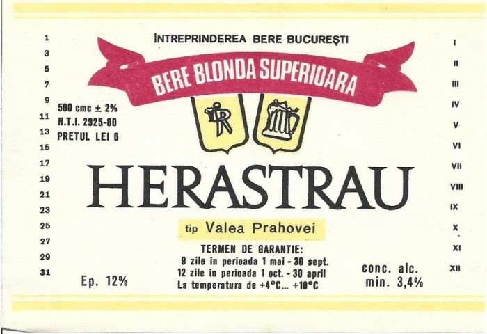 NI479 Etichetă bere superioară Herăstrău, tip Valea Prahovei, &Icirc;ntreprinderea Bere București