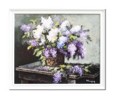 Cumpara ieftin Tablou pictat manual inramat, Vaza cu liliac, 70x60cm ulei pe panza in cutit efect 3D, Geo Ungureanu
