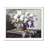 Tablou pictat manual inramat, Vaza cu liliac, 70x60cm ulei pe panza in cutit efect 3D, Geo Ungureanu