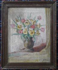 Tablou ? pictura cu flori in ulei pe panza, 1947 foto