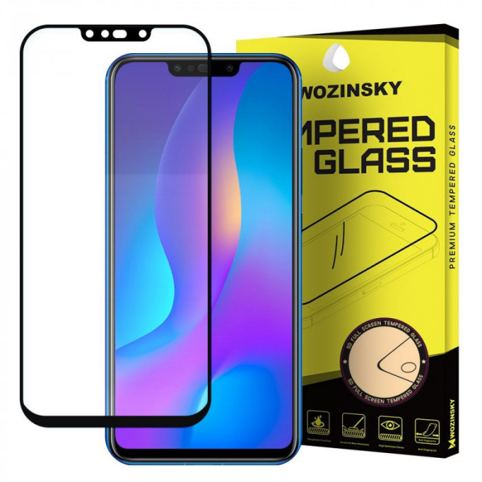 Folie Protectie Ecran WZK pentru Huawei P Smart+ 2019, Sticla securizata, Full Face, Full Glue, Neagra