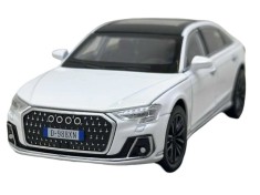 Macheta Audi A8L 1:32 alb replica metal lumini si sunete, deschide usi, capota, portbagaj