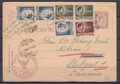 ROMANIA 1946 CARTE POSTALA CIRCULATA BUCURESTI-STUTTGART FRANCATA UZUALE MIHAI foto