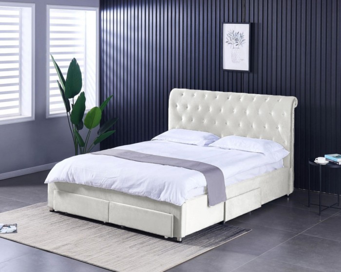 Pat 160x200 cm Sunday Crem cu 4 sertare Tapitat Catifea Somiera Inclusa
