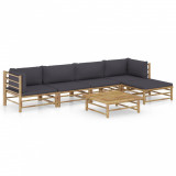 VidaXL Set mobilier de grădină, 6 piese, perne gri &icirc;nchis, bambus
