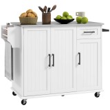 HOMCOM Insulă de Bucătărie Rulantă cu Depozitare, Sertar, 3 Dulapuri, Blat din Oțel Inoxidabil, Design Versatil, Alb | Aosom Romania
