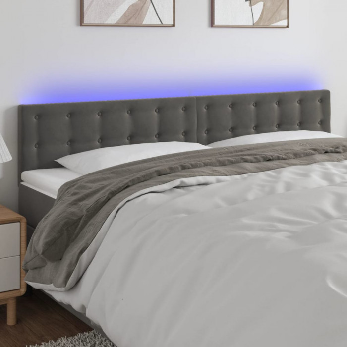 vidaXL Tăblie de pat cu LED, gri &icirc;nchis, 160x5x78/88 cm, catifea
