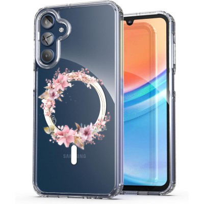 Husa pentru samsung galaxy a15 4g, atasare magnetica, magsafe, pink wreath 2, clear foto