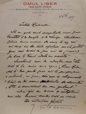 RADU ROSETTI,Corespondență primită &amp;icirc;n 1929 de la ziarul OMUL LIBER foto