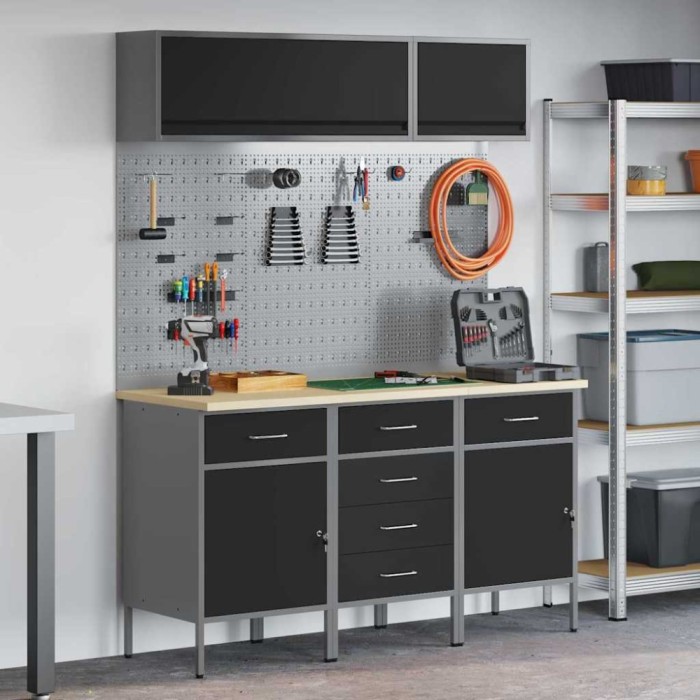 Set banc de lucru, 8 piese, negru, oțel