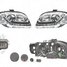 Set faruri Audi A4 (B7), 11.2004-03.2008, fata, Stanga+Dreapta, cu LED-uri pozitie; H1+H7; manual; transparent, silver; tuning;