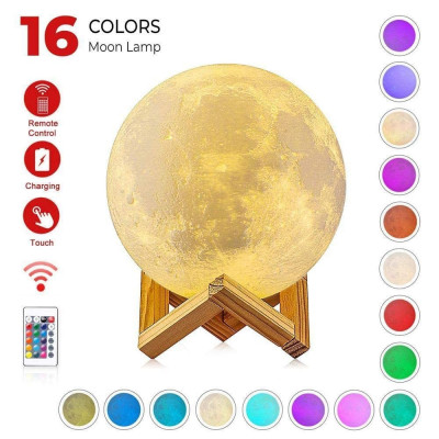 Lampa de veghe in forma de luna cu stele 3D Moon Light, Acumulator integrat, alimentare USB, stand din plastic inclus, 13 cm, 16 culori, Telecomanda i foto