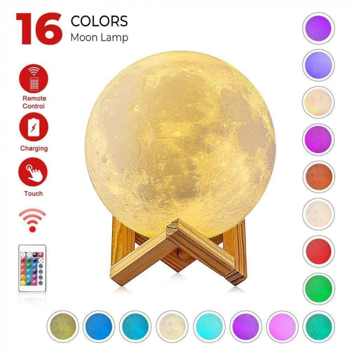Lampa de veghe in forma de luna cu stele 3D Moon Light, Acumulator integrat, alimentare USB, stand din plastic inclus, 13 cm, 16 culori, Telecomanda i