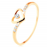 Inel din aur 585, contur &icirc;n formă de inimă cu zirconiu transparent, braţe decorate - Marime inel: 57