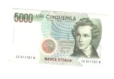 Bancnota Italia 5000 lire 4 ianuarie 1985, semnatura Ciampi si Speziali, circulata, stare foarte buna
