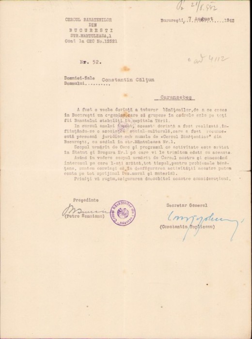 A417 Document cu ștampila &bdquo;Cercului Bănățenilor&rdquo; din București, 1942, semnat de Petre Nemoianu, manu propria