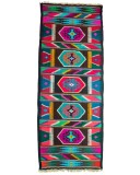 Covor traditional kilim/scoarță vintage din l&acirc;nă 389&times;160 cm, țesut la război, model geometric multicolor, cu franjuri