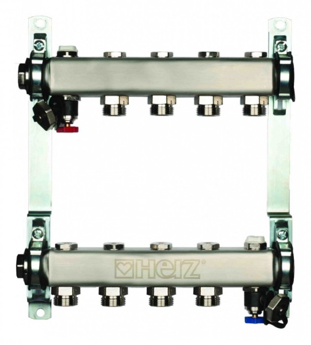 Set distribuitoare inox pentru radiatoare, cu inchidere, Herz DN25, G3/4, 3 cai
