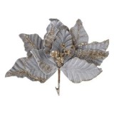 Floare Decorativă de Craciun Gri cu Glitter Auriu și Clips, CMCLASS