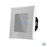 Intrerupator triplu touch din sticla cu rama aluminiu Luxion RF433, gri
