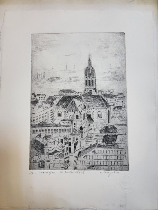 Gravură Sint-Andrieskerk - Antwerpen - artist A. Vereycken