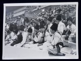 TINERI IN PORT POPULAR SI UNIFORME DE CERCETASI IN TRIBUNELE STADIONULUI A.N.E.F. , FOTOGRAFIE MONOCROMA PE HARTIE LUCIOASA , PERIOADA INTERBELICA