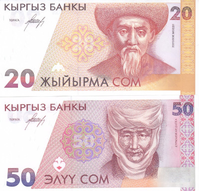 Bancnota Kyrgyzstan 20 si 50 Som (1994) - P10/11 UNC ( set x2 ) foto